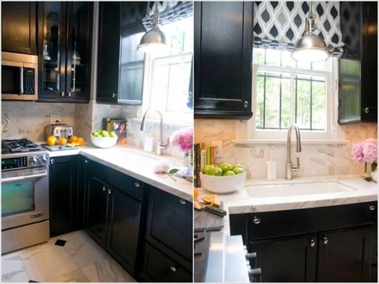 4- تصميم مميز لديكور المطبخ باستخدام خزائن باللون الأسود وسطوح مجلية باللون الأبيض.