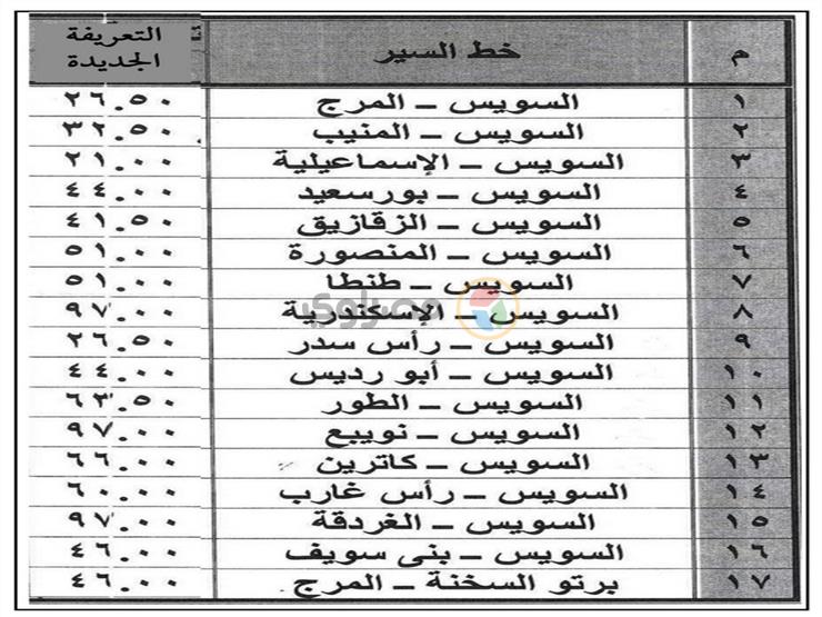 تعريفة الركوب الجديدة بخطوط السير بين السويس والأقاليم 