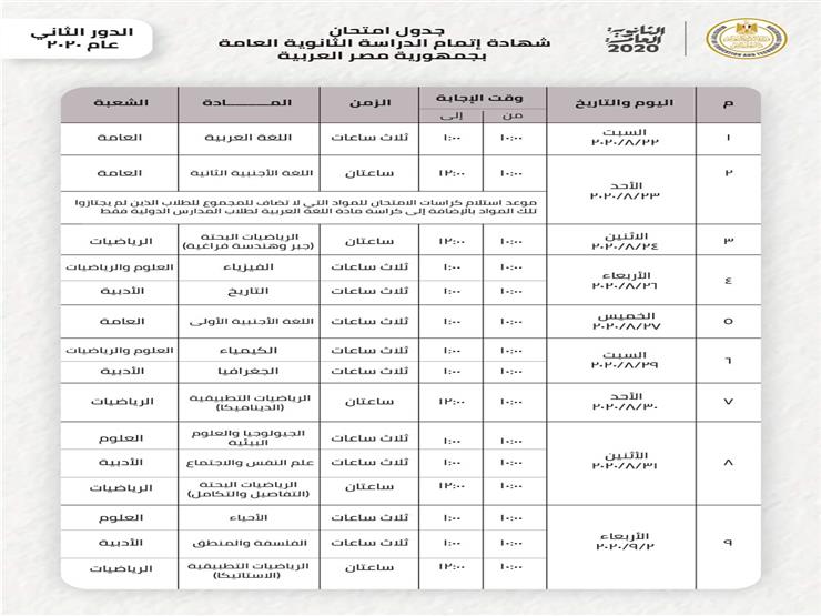 جدول امتحانات الثانوية العامة - الدور الثاني