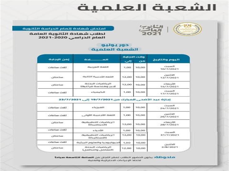 Ø¬Ø¯ÙˆÙ„ Ø§Ù…ØªØ­Ø§Ù†Ø§Øª Ø§Ù„Ø«Ø§Ù†ÙˆÙŠØ© Ø§Ù„Ø¹Ø§Ù…Ø© 2021 Ù…ÙˆØ§Ø¹ÙŠØ¯ Ø¨Ø§Ù‚ÙŠ Ù…ÙˆØ§Ø¯ Ø§Ù„Ø¹Ù„Ù…ÙŠ Ù…ØµØ±Ø§ÙˆÙ‰