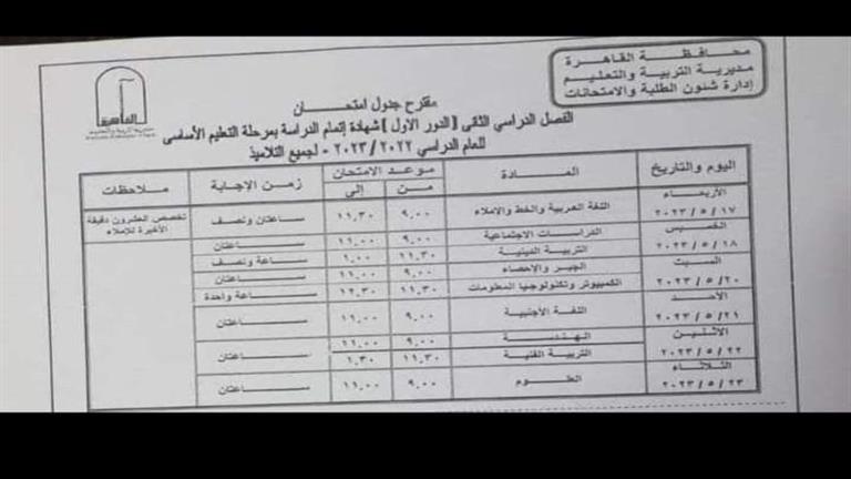 جدول الشهادة الإعدادية