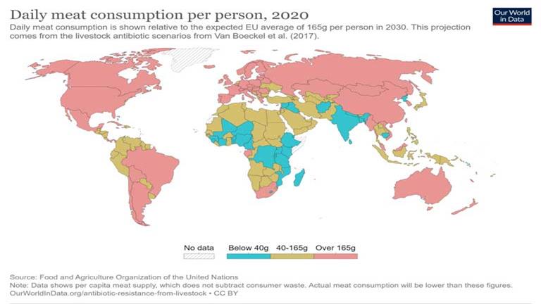 خريطة توضح نصيب مواطني العالم من اللحوم - المصدر ourworldindata