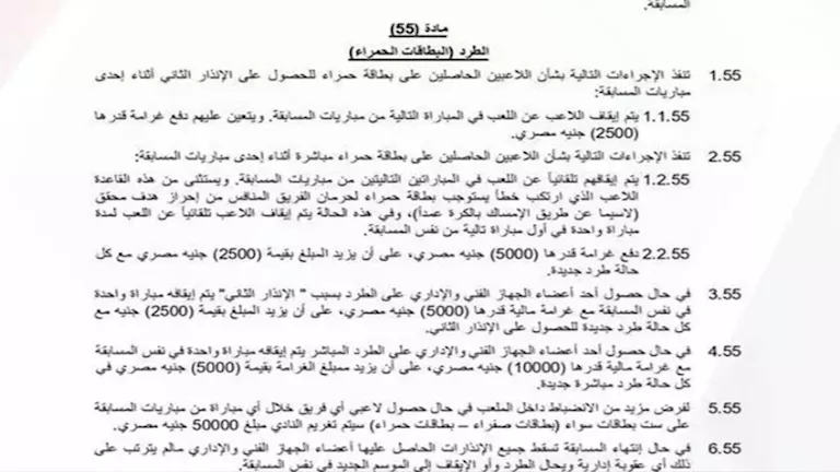 المادة 55 من لائحة الدوري المصري