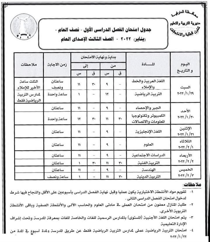 جداول امتحانات نهاية الفصل الدراسي الأول في المنوفية