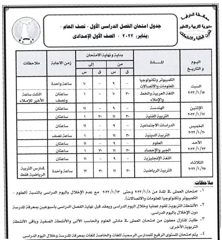 جداول امتحانات نهاية الفصل الدراسي الأول في المنوفية