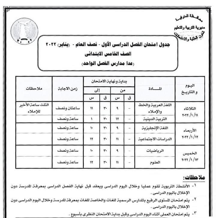 جداول امتحانات نهاية الفصل الدراسي الأول في المنوفية