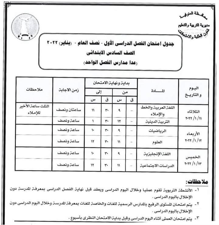 جداول امتحانات نهاية الفصل الدراسي الأول في المنوفية