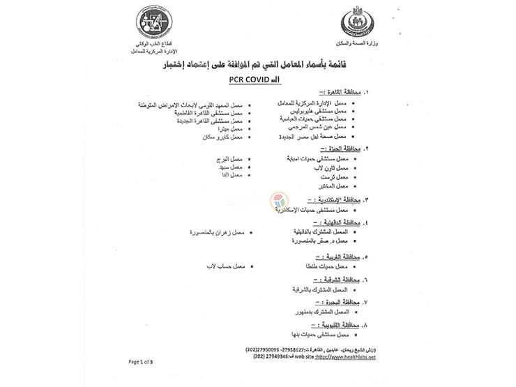 كورونا في المعتمدة مصر المعامل لتحليل أسعار تحاليل