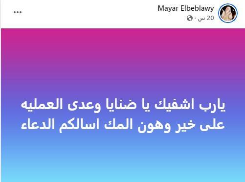 ميار الببلاوي تكشف تطورات الحالة الصحية لنجلها