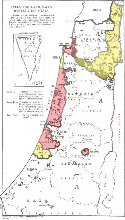 خريطة قانون انتقال الأراضي لسنة 1940 الذي يحدد الأراضي العربية الصرفة التي يُمنع اليهود من التملك فيها، وتشمل قضاء بئر السبع الذي تتبعه قرية العراقيب (المصدر أطلس فلسطين 1917 - 1966)