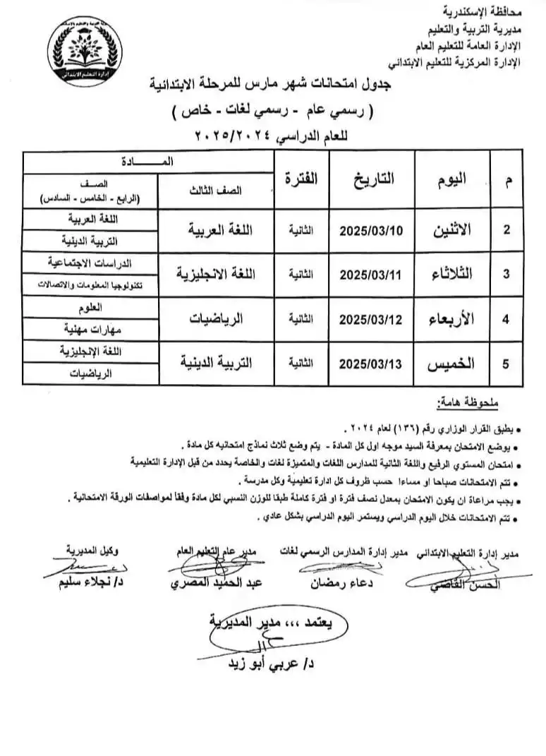 جداول امتحانات شهر مارس بالإسكندرية (2)