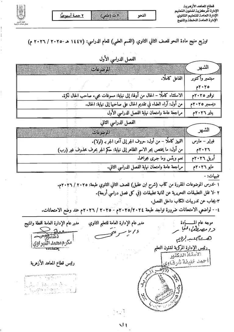 خطة توزيع المنهج للمرحلة الثانوية الأزهرية (31)