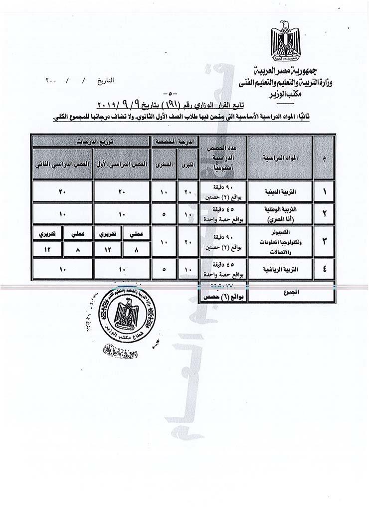 قرار وزارى رقم191 لسنة2019 بشأن الصفين الاول والثانى الثانوى-05