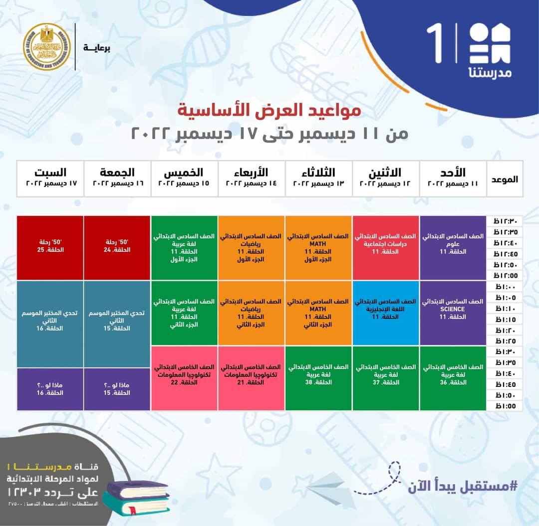 مواعيد البرامج التعليمية للصفوف الابتدائية بقناة مدرستنا 1