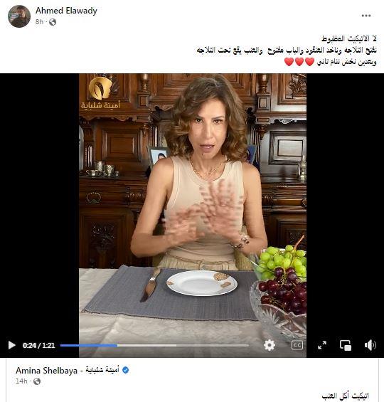 تعليق أحمد العوضي على فيديو "إتيكيت أكل العنب" لأمينة شلباية
