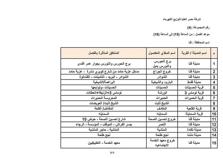 جدول انقطاع الكهرباء في قنا (2)