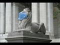 أحد الأسدين الرخاميين الرابضين أمام مكتبة نيويورك 