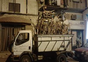 بالصور- حملة لإزالة إشغالات المقاهي والمحال التجارية بدمياط