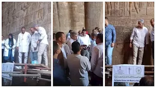 "طلع على السقالة".. وزير السياحة يتفقد ترميم معبد خنوم بالأقصر (صور)