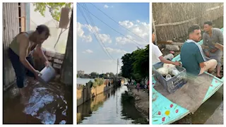 شاهد.. غرق منازل "طرح النهر" في أشمون ومواطن ينتشل المياه من بيته