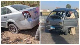بالصور- إصابة 3 أشخاص في تصادم ملاكي وميني باص بطريق أسيوط الجديدة