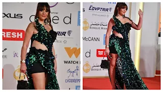 أجرأ وأغرب إطلالة.. حسناء سيف الدين بفستان جريء في افتتاح مهرجان القاهرة السينمائي