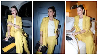 بدلة صفراء أنيقة.. هنا شيحة تخطف الأنظار في أحدث ظهور لها