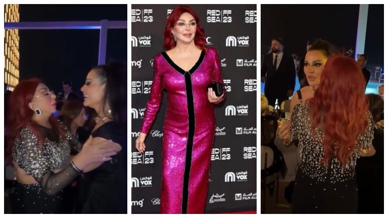 نبيلة عبيد تمازح نادين نجيم في حوار جانبي على هامش فعاليات البحر الأحمر السينمائي 