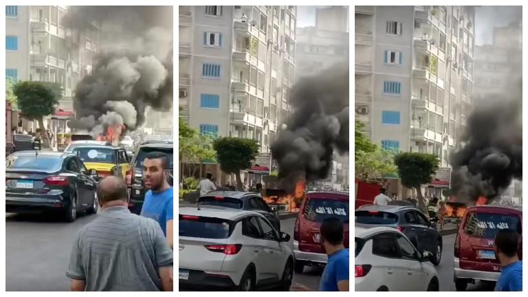 تفحم سيارة اشتعلت النيران بها في الإسكندرية - صور