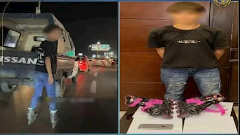 مرتديا حذاء تزحلق.. القبض على أجنبي أمسك بالصندوق الخلفي لسيارة شرطة