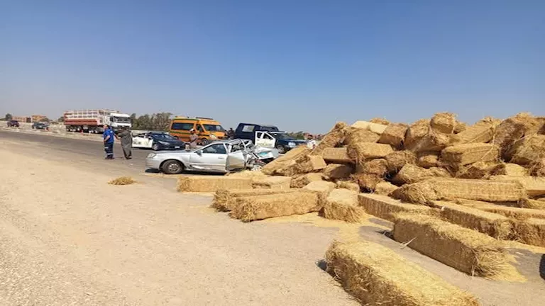 إصابة شخصين بعد سقوط حمولة “تبن” من سيارة بالمنوفية