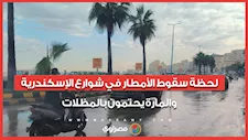 لحظة سقوط الأمطار في شوارع الإسكندرية.. والمارة يحتمون بالمظلات