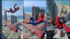 فيديو وصور.. الرجل العنكبوت على أبراج العلمين الجديدة استعدادا لعرضه بالسينمات