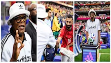 صور| نجوم العالم منبهرين .. صامويل جاكسون يصافح محمد صلاح في مباراة مصر