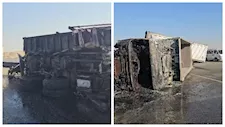 "النيران حاصرتهما داخل الكابينة".. مصرع شخصين في تصادم شاحنتين بالسويس (صور)
