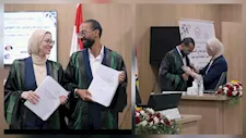ناقشهما أشرف زكي وأيمن الشيوي.. زوجان يحصدان الماجستير بامتياز في يوم واحد – صور