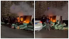 انقلاب سيارة نصف نقل واشتعالها أعلى الطريق الدائري