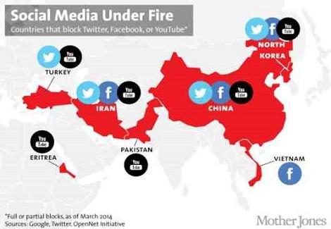 خريطة بأسماء الدول التي تغلق يوتيوب وتويتر