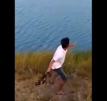  طفل يلقي بكلب صغير في بحيرة تماسبح 