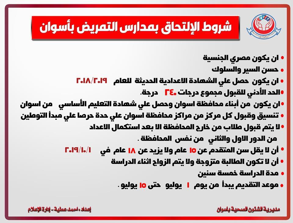 شروط الالتحاق بمدارس التمريض بأسوان