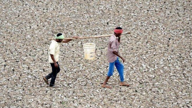 عاملان هنديان يحملان بعض الماء من بركة صغيرة على م