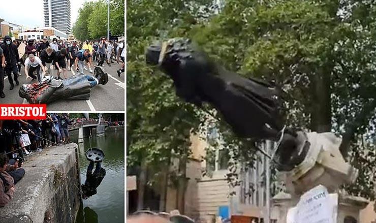 متظاهرون في بريطانيا يسقطون تمثالا لأحد أبرز تجار 