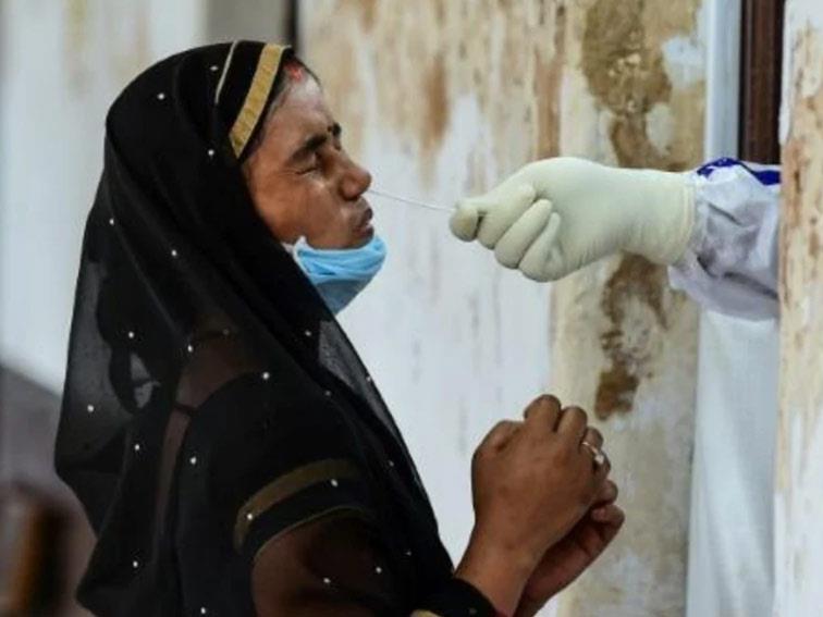 موظف صحي يأخذ عينة من امرأة تجري فحص كورونا بالهند