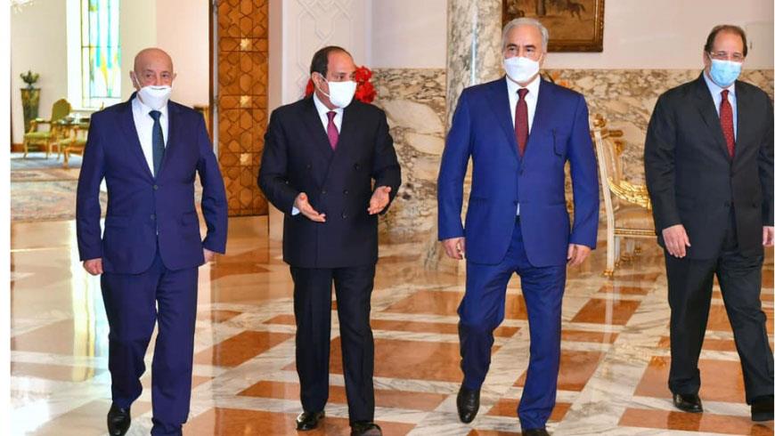 الرئيس السيسي وعقيلة صالح وخليفة حفتر