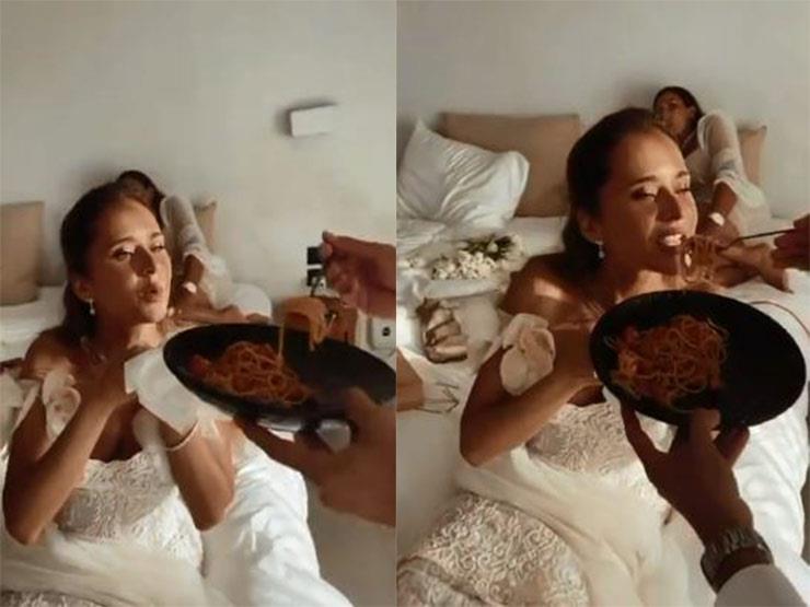 نيللي كريم تأكل مكرونة سباجيتي في ليلة زفافها