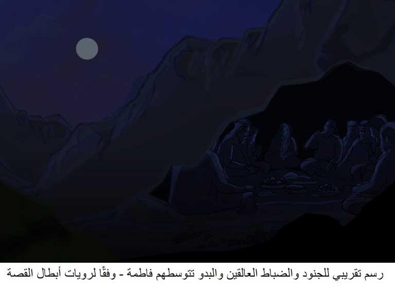 رسم-تقريبي-للجنود-والضباط-العالقين-والبدو-تتوسطهم-فاطمة---وفقًا-لرويات-أبطال-القصة