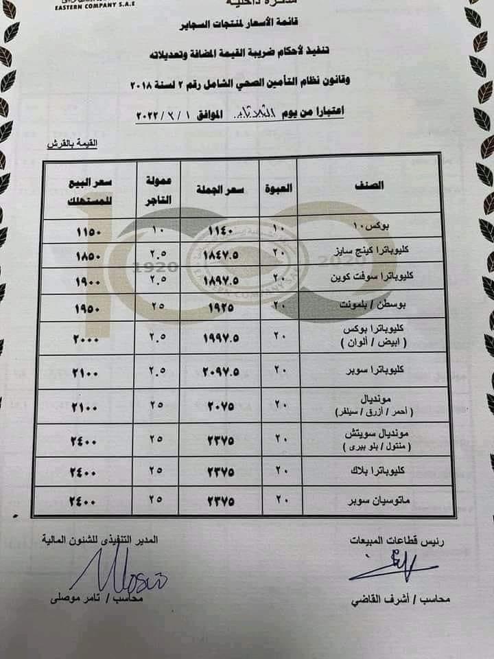 ننشر قائمة الأسعار الجديدة لمنتجات السجائر
