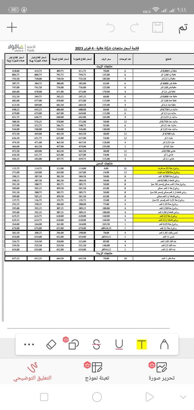 الأسعار الجديدة لزيوت شركة عافية