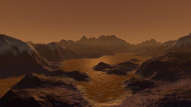 صورة فنية لشكل المياه المتوقع على قمر تيتان