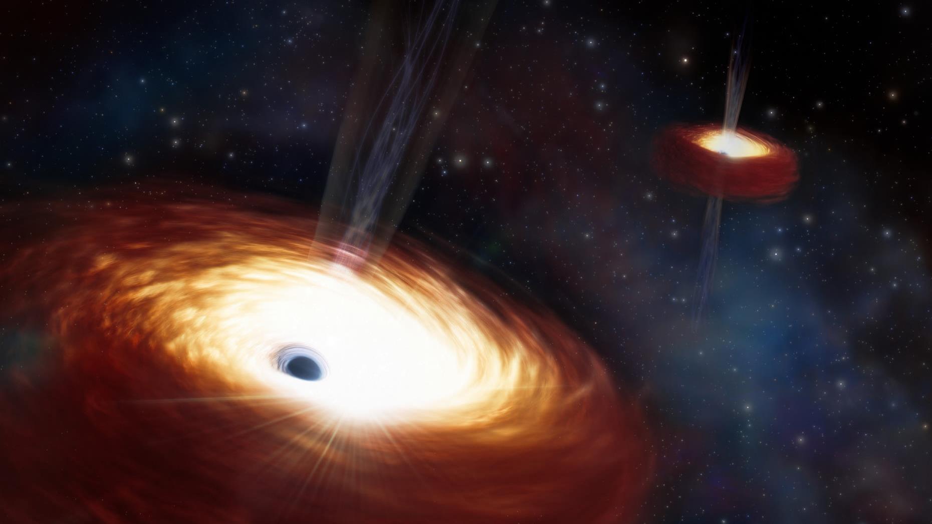 صورة فنية للمجرة التي تحتوي ثقبين أسودين
